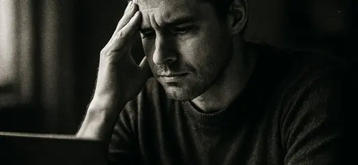 A thoughtful man looks at his laptop screen, trying to understand the basics of artificial intelligence and language models, exploring educational content on llmguide.io