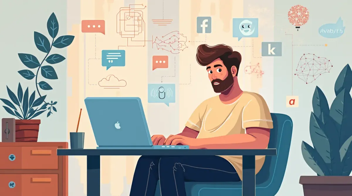 Bearded man using laptop at home, surrounded by chatbot and messenger icons — beginner’s first steps with AI
