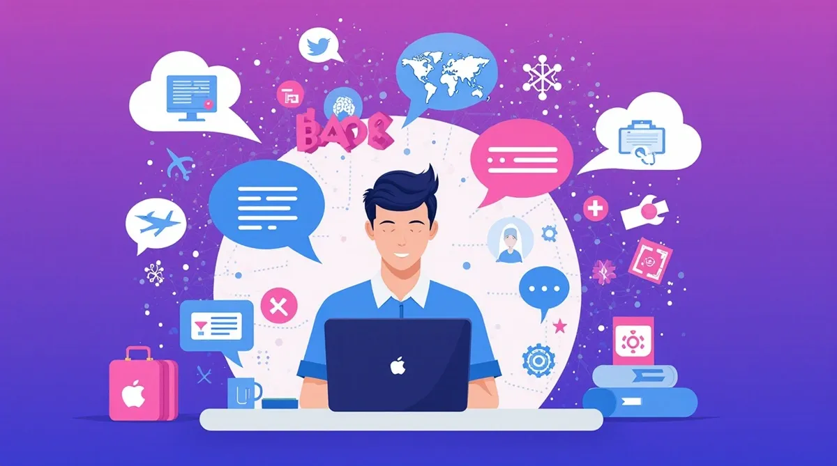 A modern person working on a laptop, surrounded by icons of AI, language models, travel, and communication. Illustration for the About page.