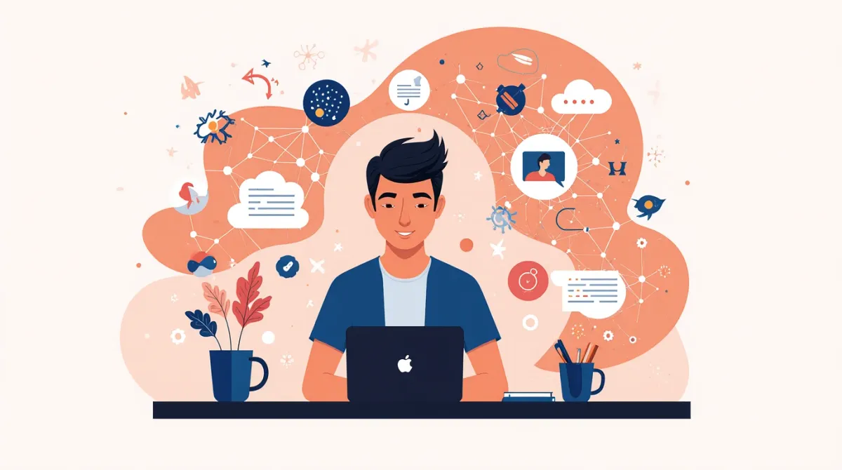 Illustration of a young man working on a laptop, surrounded by symbols and icons representing diverse AI chatbot features and capabilities.