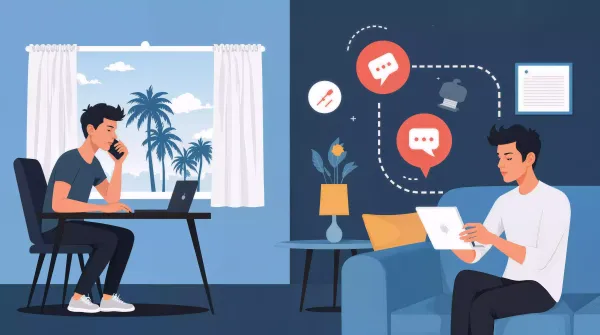 Two young men working remotely from different locations, connected through technology and AI.