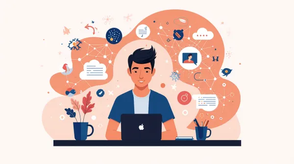 Illustration of a young man working on a laptop, surrounded by symbols and icons representing diverse AI chatbot features and capabilities.