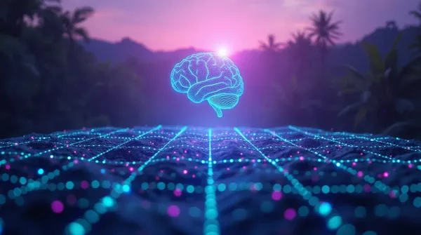 Futuristic digital brain hovering over illuminated grid, symbolizing artificial intelligence technology.